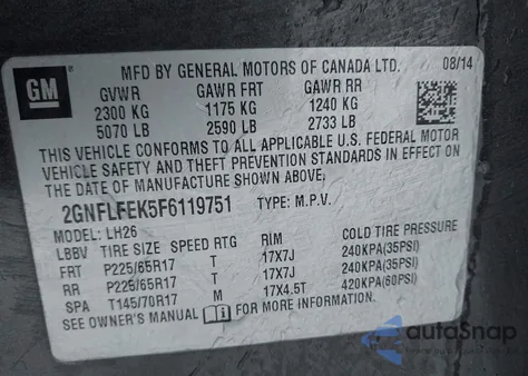 2015 Chevrolet Equinox 1Lt из США, поврежденный, VIN 2GNFLFEK5F6119751